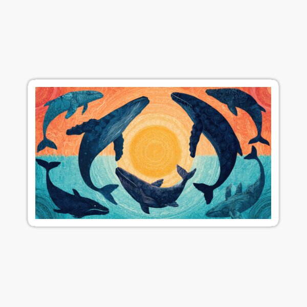 Whales swim around sun symbol Sticker