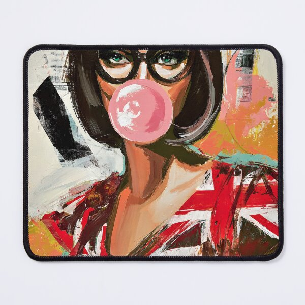 Item preview, Step into Pop Art Fun with a Stylish Woman in Union Jack Dress Blowing a Pink Bubblegum designed and sold by OlfactoART Studio.