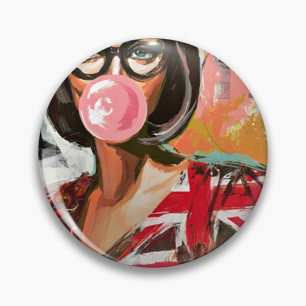 Item preview, Step into Pop Art Fun with a Stylish Woman in Union Jack Dress Blowing a Pink Bubblegum designed and sold by OlfactoART Studio.