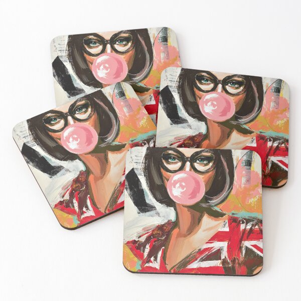 Item preview, Step into Pop Art Fun with a Stylish Woman in Union Jack Dress Blowing a Pink Bubblegum designed and sold by OlfactoART Studio.