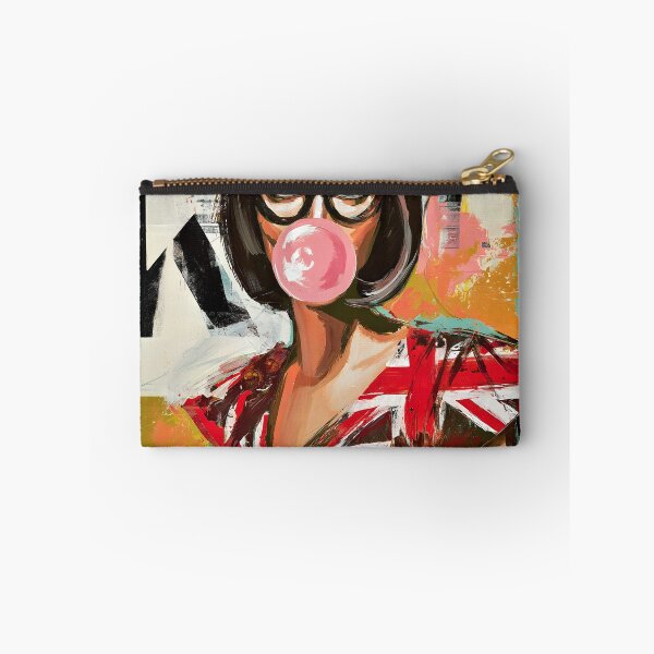 Item preview, Step into Pop Art Fun with a Stylish Woman in Union Jack Dress Blowing a Pink Bubblegum designed and sold by OlfactoART Studio.