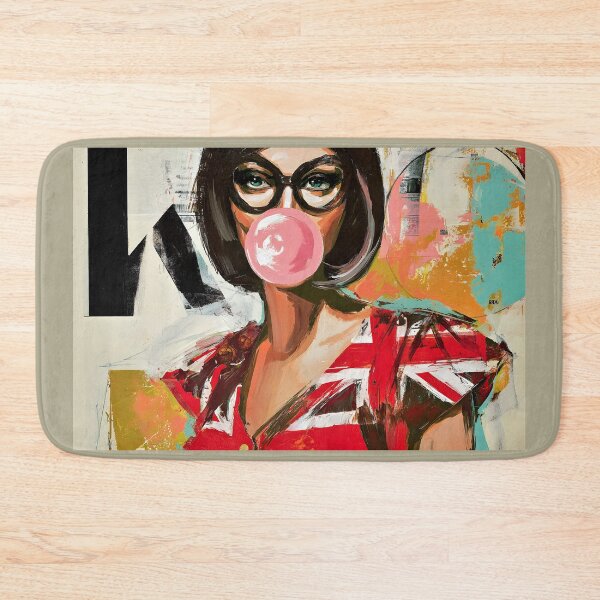 Item preview, Step into Pop Art Fun with a Stylish Woman in Union Jack Dress Blowing a Pink Bubblegum designed and sold by OlfactoART Studio.