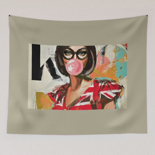 Item preview, Step into Pop Art Fun with a Stylish Woman in Union Jack Dress Blowing a Pink Bubblegum designed and sold by OlfactoART Studio.