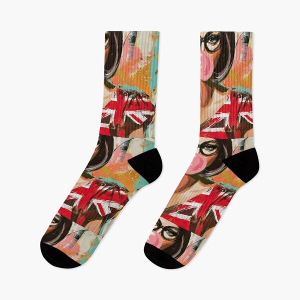 Item preview, Step into Pop Art Fun with a Stylish Woman in Union Jack Dress Blowing a Pink Bubblegum designed and sold by OlfactoART Studio.