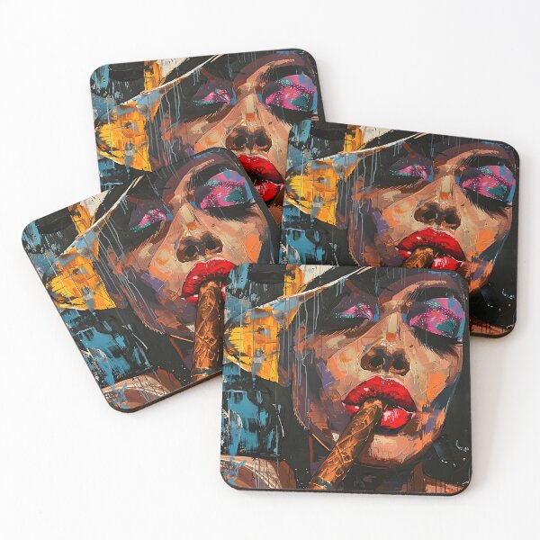 Item preview, Femme Fatale Abstract Portrait- A Woman in Striking Makeup, Red Lipstick and Cigar Flair designed and sold by OlfactoART Studio.