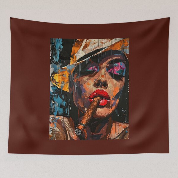 Item preview, Femme Fatale Abstract Portrait- A Woman in Striking Makeup, Red Lipstick and Cigar Flair designed and sold by OlfactoART Studio.