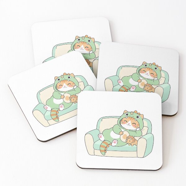 Item preview, Cute Ginger Cat in Green Dinosaur Onesie Sleeping on Sofa Art designed and sold by NoopnyangStudio.