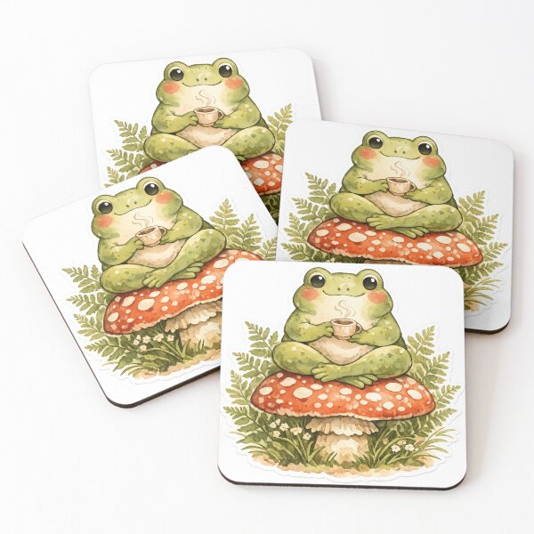 Item preview, Cottagecore Frog Drinking Tea On A Mushroom Stool designed and sold by Retro Mood Co.