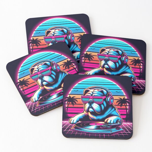 Item preview, Synthwave Cool DJ Bulldog Retro Neon Sunset designed and sold by crazygoose30.