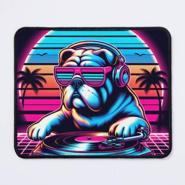 Item preview, Synthwave Cool DJ Bulldog Retro Neon Sunset designed and sold by crazygoose30.
