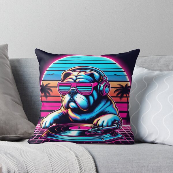 Item preview, Synthwave Cool DJ Bulldog Retro Neon Sunset designed and sold by crazygoose30.