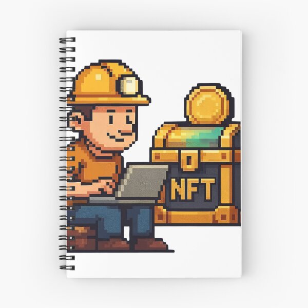 Item preview, Smiling miner with laptop beside treasure chest labeled NFT designed and sold by Creative88Art.