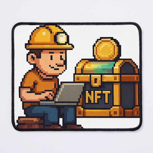 Item preview, Smiling miner with laptop beside treasure chest labeled NFT designed and sold by Creative88Art.
