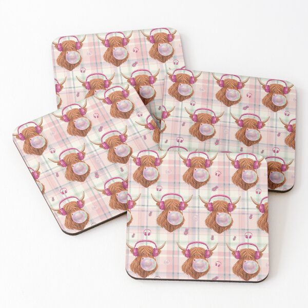 Item preview, Cute Highland Cow Blowing Bubblegum with Pink Headphones Plaid Pattern designed and sold by Fabricbella.