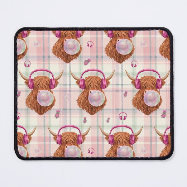 Item preview, Cute Highland Cow Blowing Bubblegum with Pink Headphones Plaid Pattern designed and sold by Fabricbella.