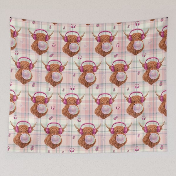 Item preview, Cute Highland Cow Blowing Bubblegum with Pink Headphones Plaid Pattern designed and sold by Fabricbella.