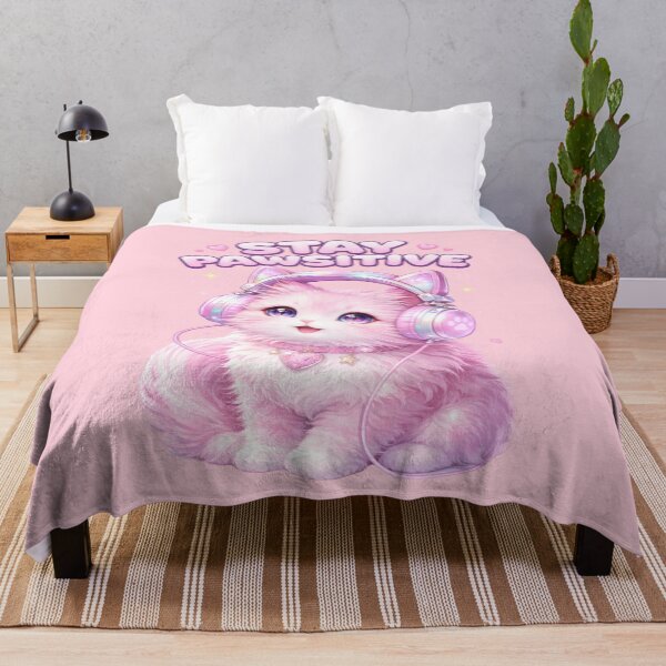 Item preview, Stay Pawsitive Cute Pink Cat With Headphones Kawaii Cat Design designed and sold by PlynGraphics.