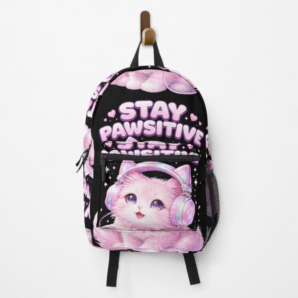 Item preview, Stay Pawsitive Cute Pink Cat With Headphones Kawaii Cat Design designed and sold by PlynGraphics.