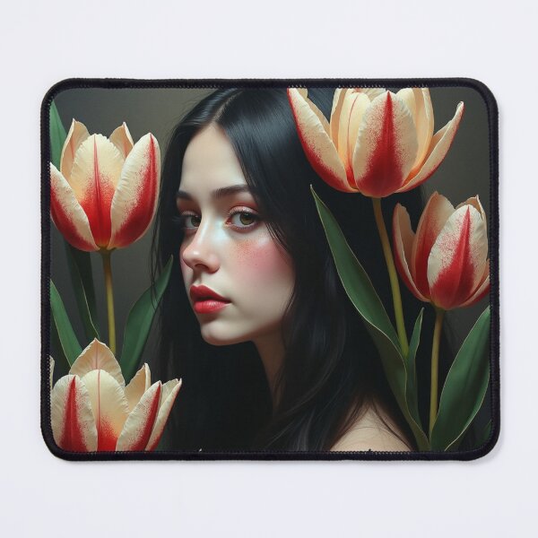 Item preview, Scarlet Tulip Reverie - Dark Botanical Portrait of Elegance designed and sold by Dream Bloom Gallery.