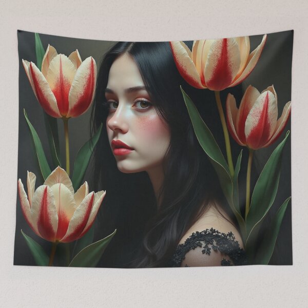 Item preview, Scarlet Tulip Reverie - Dark Botanical Portrait of Elegance designed and sold by Dream Bloom Gallery.