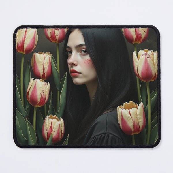 Item preview, Velvet Tulip Enchantress - Dark Botanical Portrait Art designed and sold by Dream Bloom Gallery.