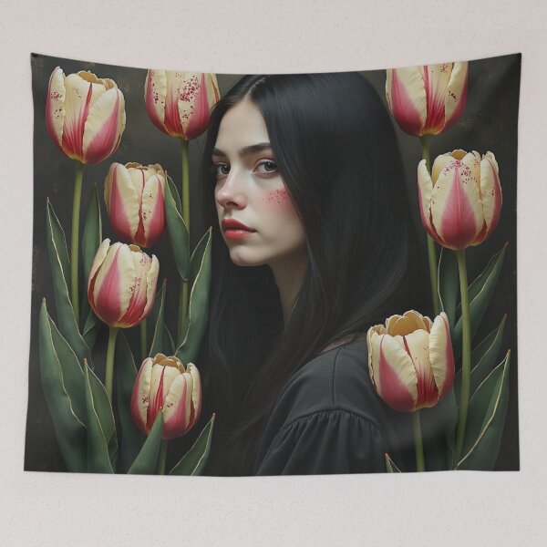 Item preview, Velvet Tulip Enchantress - Dark Botanical Portrait Art designed and sold by Dream Bloom Gallery.