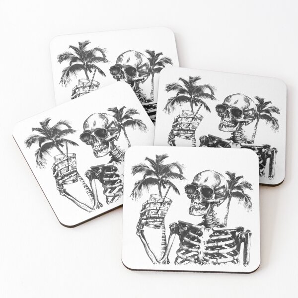 Item preview, Skeleton With Cocktail and Palm Trees Black and White Tropical Gothic Illustration designed and sold by inkoutninja.