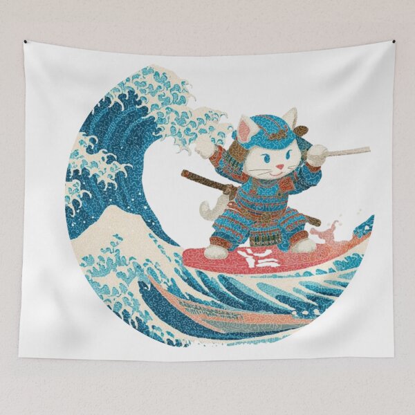 Item preview, Samurai Cat Surfing The Great Wave off Kanagawa - Funny Japanese Ukiyo-e Cat Art designed and sold by De Aqui y de Alla Studio.