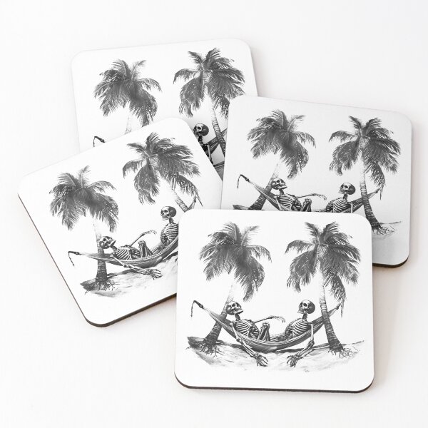 Item preview, Skeletons Relaxing in Hammock Black and White Tropical Gothic Illustration designed and sold by inkoutninja.