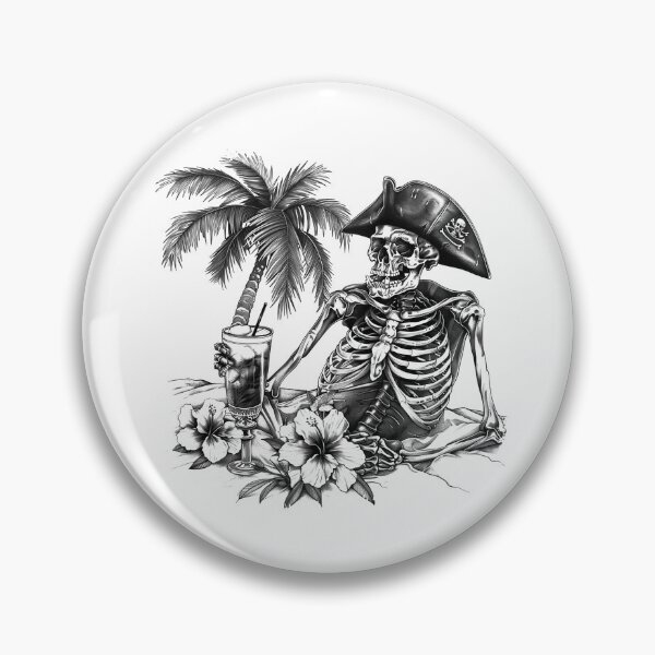 Item preview, Skeleton Pirate With Cocktail Black and White Tropical Gothic Illustration designed and sold by inkoutninja.