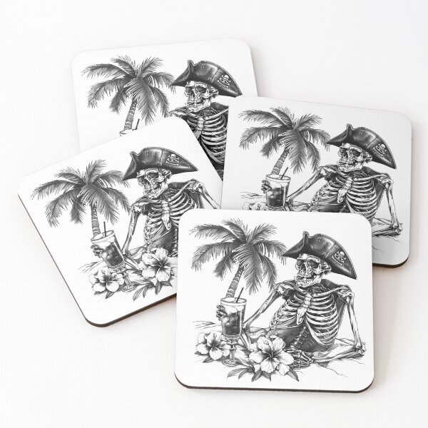 Item preview, Skeleton Pirate With Cocktail Black and White Tropical Gothic Illustration designed and sold by inkoutninja.