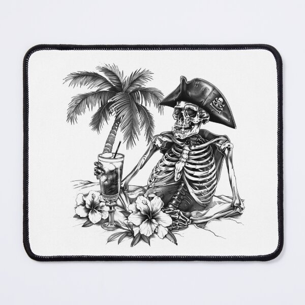 Item preview, Skeleton Pirate With Cocktail Black and White Tropical Gothic Illustration designed and sold by inkoutninja.