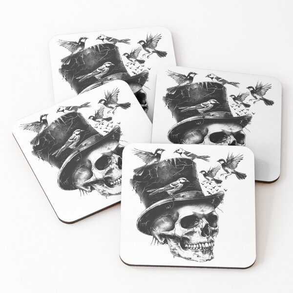Item preview, Gothic Skull With Top Hat and Birds Black and White Dark Illustration designed and sold by inkoutninja.