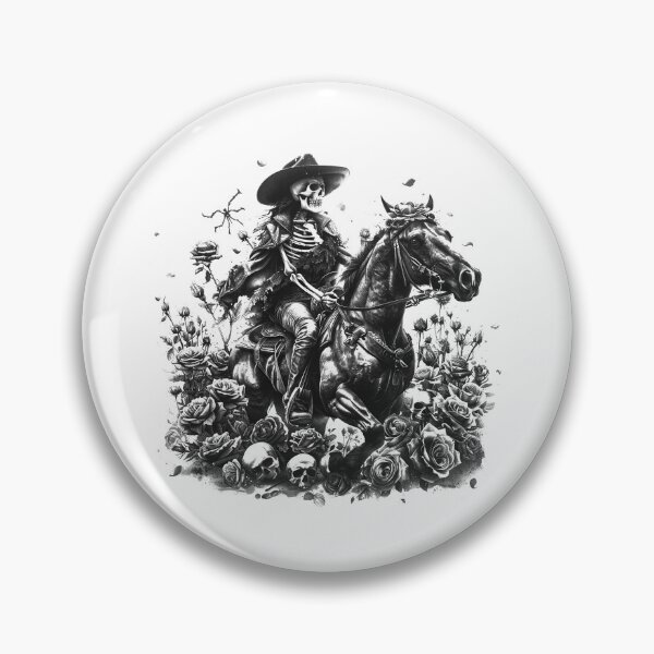 Item preview, Skeleton Cowboy on Horse With Roses Black and White Gothic Western Illustration designed and sold by inkoutninja.