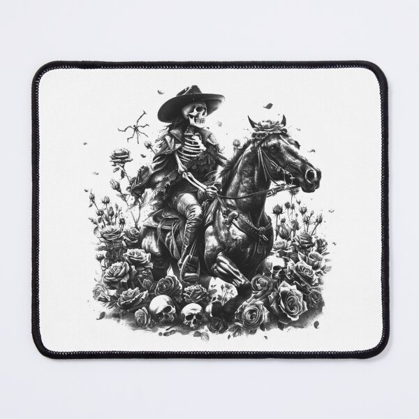 Item preview, Skeleton Cowboy on Horse With Roses Black and White Gothic Western Illustration designed and sold by inkoutninja.