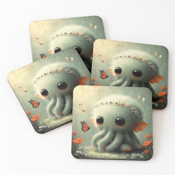 Item preview, Baby Cthulhu in the Flower Field — Kawaii Dark Fantasy Art Print designed and sold by mistygate.
