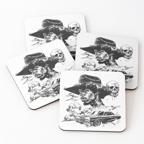 Item preview, Outlaw Cowboy Lowrider Skull Black and White Urban Western Illustration designed and sold by inkoutninja.