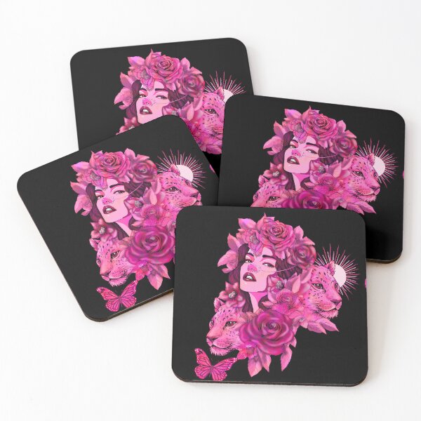 Item preview, Pink Floral Woman Leopard Art, Aesthetic Girl with Roses and Butterfly, Feminine Power Pink Gothic Illustration designed and sold by Dreamy Ocean Art.
