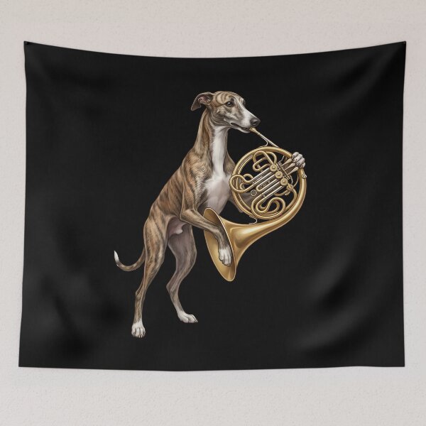 Item preview, Greyhound Playing French Horn Player Dog Lover designed and sold by DoodleTortle.