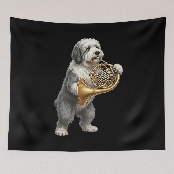 Item preview, Old English Sheepdog Playing French Horn Player Dog Lover designed and sold by DoodleTortle.