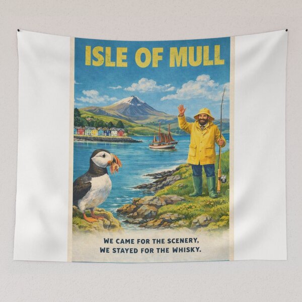 Item preview, Isle of Mull Scotland Vintage Travel Poster with Puffin designed and sold by Places On Earth.