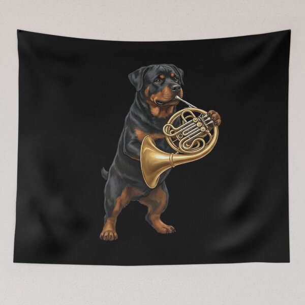 Item preview, Rottweiler Playing French Horn Player Dog Lover designed and sold by DoodleTortle.