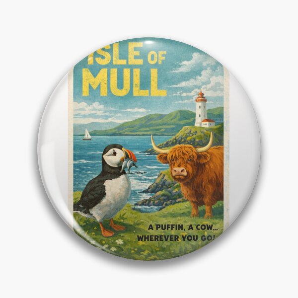 Item preview, Isle of Mull Scotland Retro Poster with Puffin and Highland Cow designed and sold by Places On Earth.