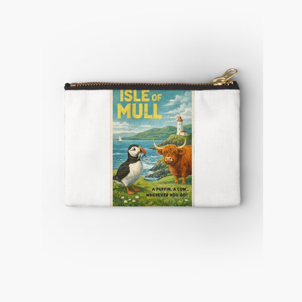 Item preview, Isle of Mull Scotland Retro Poster with Puffin and Highland Cow designed and sold by Places On Earth.