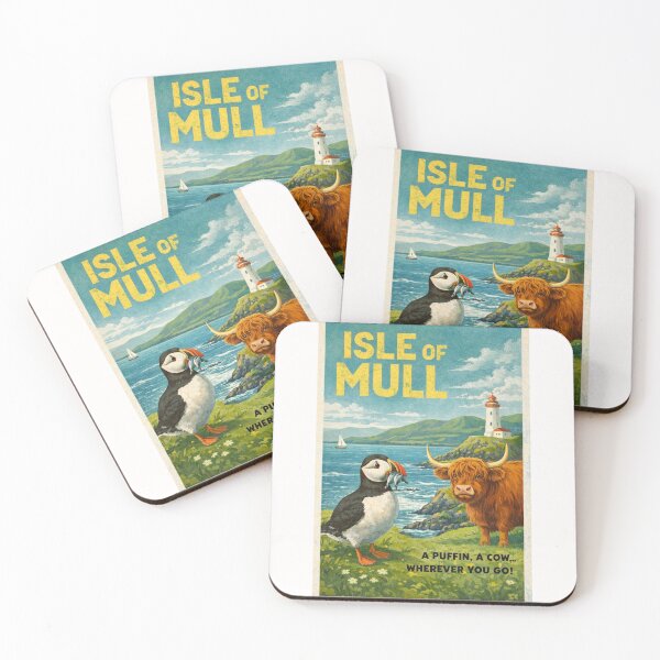 Item preview, Isle of Mull Scotland Retro Poster with Puffin and Highland Cow designed and sold by Places On Earth.