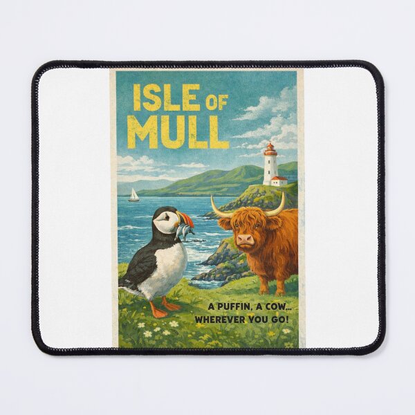 Item preview, Isle of Mull Scotland Retro Poster with Puffin and Highland Cow designed and sold by Places On Earth.