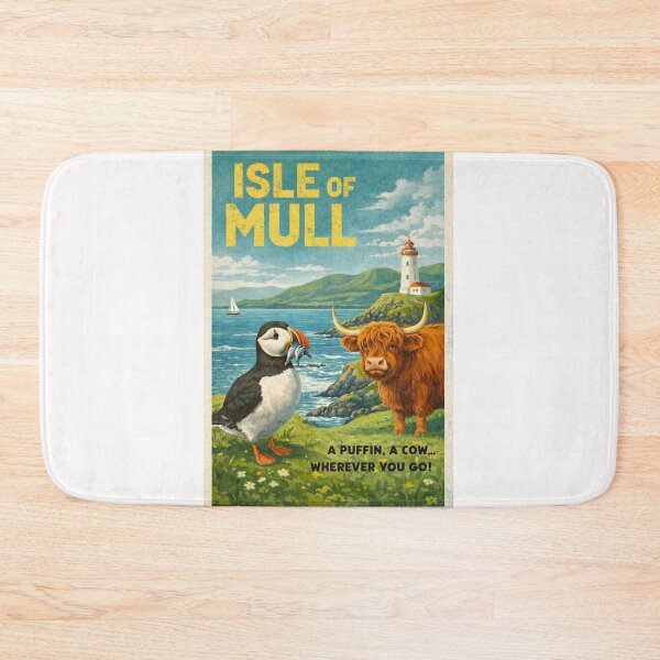 Item preview, Isle of Mull Scotland Retro Poster with Puffin and Highland Cow designed and sold by Places On Earth.