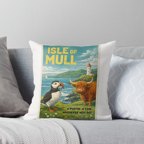 Item preview, Isle of Mull Scotland Retro Poster with Puffin and Highland Cow designed and sold by Places On Earth.