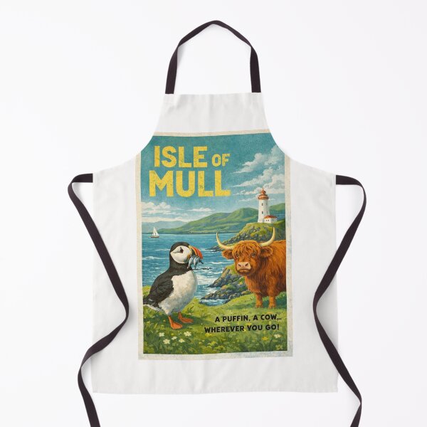 Item preview, Isle of Mull Scotland Retro Poster with Puffin and Highland Cow designed and sold by Places On Earth.