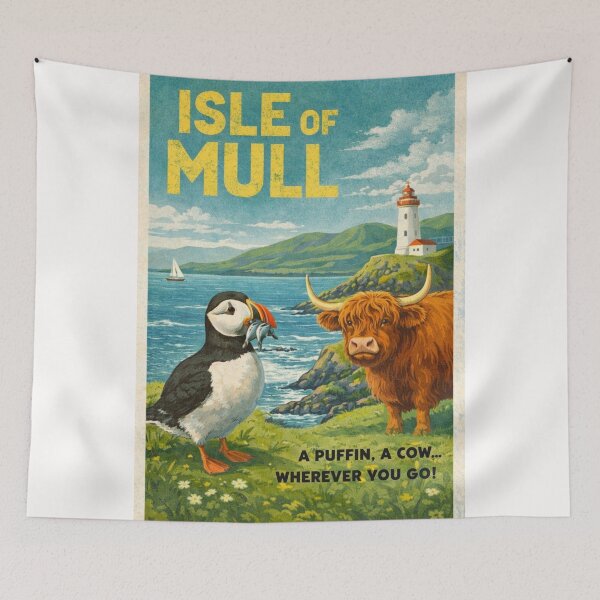 Item preview, Isle of Mull Scotland Retro Poster with Puffin and Highland Cow designed and sold by Places On Earth.